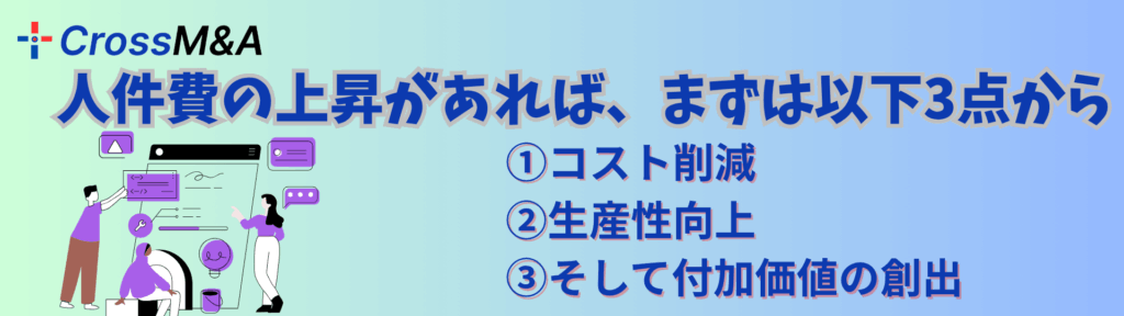 人件費の上昇があれば、まず以下３点から。
①コスト削減
②生産性向上
③付加価値の創出
