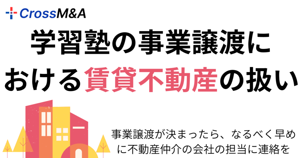 学習塾の事業譲渡における賃貸不動産の扱い。
事業譲渡が決まったら、なるべく早めに不動産仲介の会社の担当に連絡を