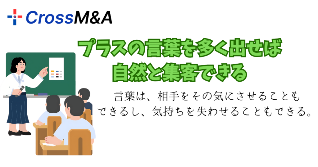 プラスの言葉を多く出せば自然と集客できる
言葉は、相手をその気にさせることもできるし、気持ちを失わせることもできる。