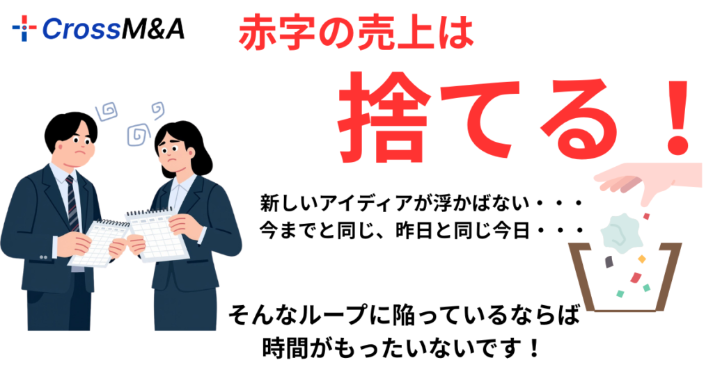 赤字の売上は捨てる！
新しいアイディアが浮かばない・・・今までと同じ、昨日と同じ今日・・・

そんなループに陥っているならば、時間がもったいないです！
